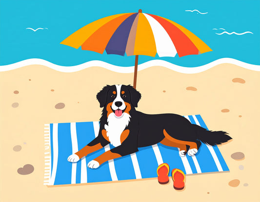 dessin d'un bouvier bernois sur la plage, allongé sur une serviette bleue rayée, sous un parasol coloré à rayures