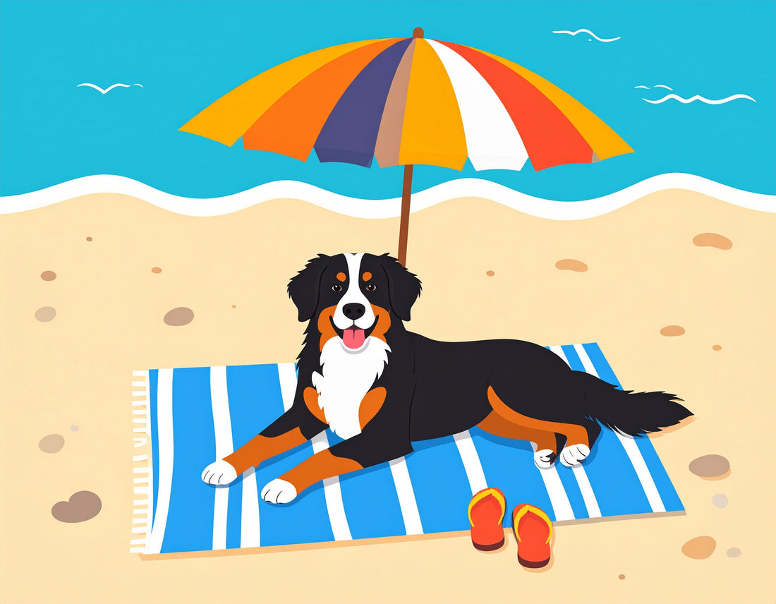 dessin d'un bouvier bernois sur la plage, allongé sur une serviette bleue rayée, sous un parasol coloré à rayures