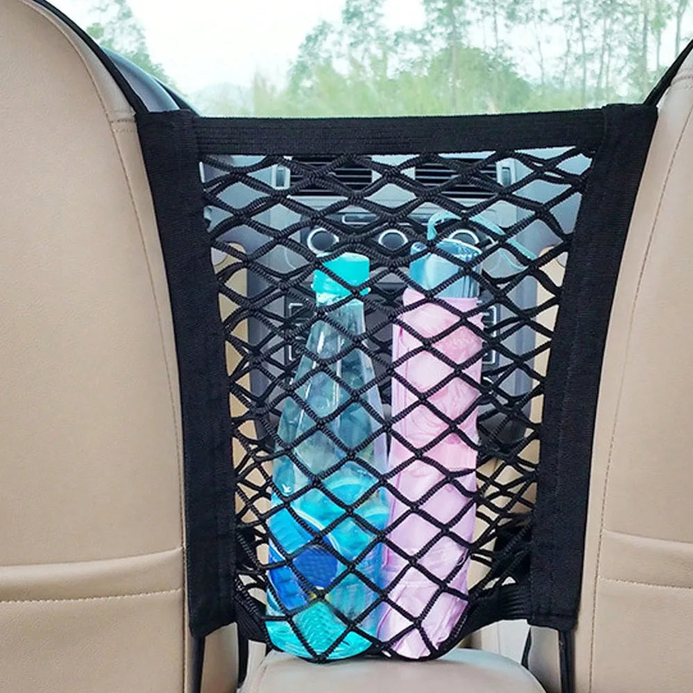 2Pcs Elastic Car Storage Net Bag Between Seat Organizer Barrier Black-2